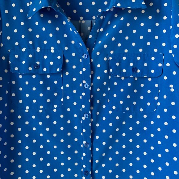 Studio Works Blue and White Polka Dot Button Down Shirt Roll Tab Long Sleeve - Picture 15 of 16